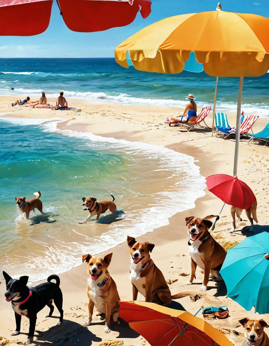 A vibrant beach scene featuring pet owners enjoying the sun in stylish swimwear while playing with their happy dogs near the waves. Include colorful beach umbrellas, a clear blue ocean, and a sandy shore, with a lively atmosphere capturing the joy of a healthy lifestyle. Overlay some health tips in playful fonts. super-realistic. vibrant colors. sunny day.