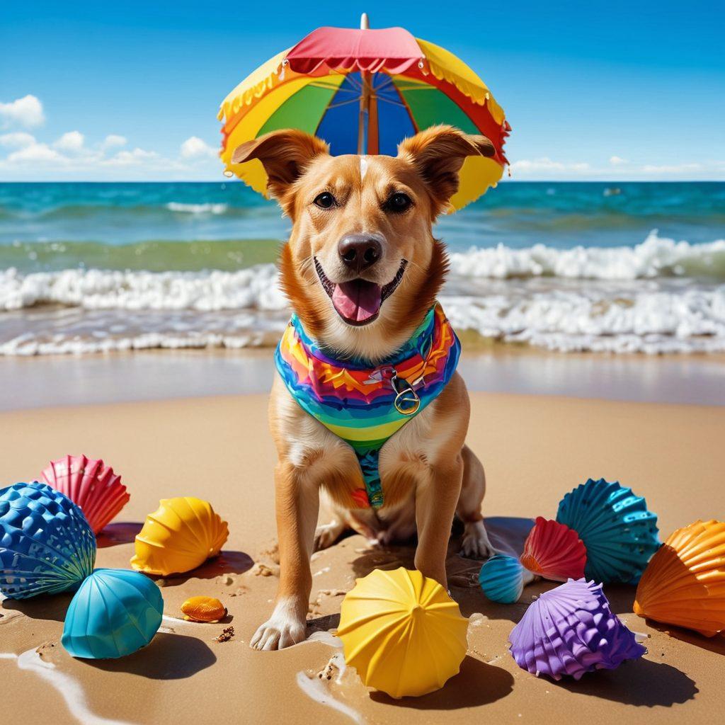 A joyful dog splashing in ocean waves wearing a vibrant swimwear, surrounded by beach toys and a sun umbrella in the background. A sandy beach with colorful seashells and a bright blue sky enhances the lively atmosphere, showcasing the fun and health benefits of pet swimwear. super-realistic. vibrant colors. bright background.