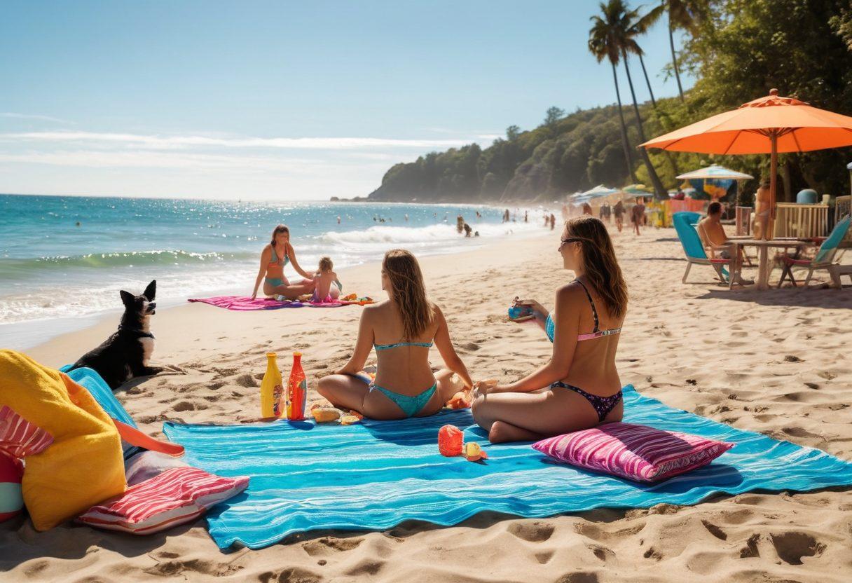 A vibrant beach scene featuring a family enjoying various activities, like playing volleyball and relaxing with pets, while colorful beach towels and toys are scattered around. Sunlight glistens on the water, and a variety of bathing suits are worn by people of different ages and sizes. In the background, a picnic setup showcases healthy snacks and pet-friendly treats, emphasizing a wholesome beach lifestyle. super-realistic. vibrant colors. beach vibes.